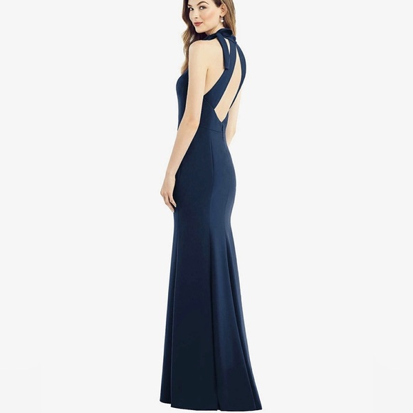 Dessy Collection BOW-NECK OPEN-BACK TRUMPET GOWN IN MIDNIGHT NAVY NWT